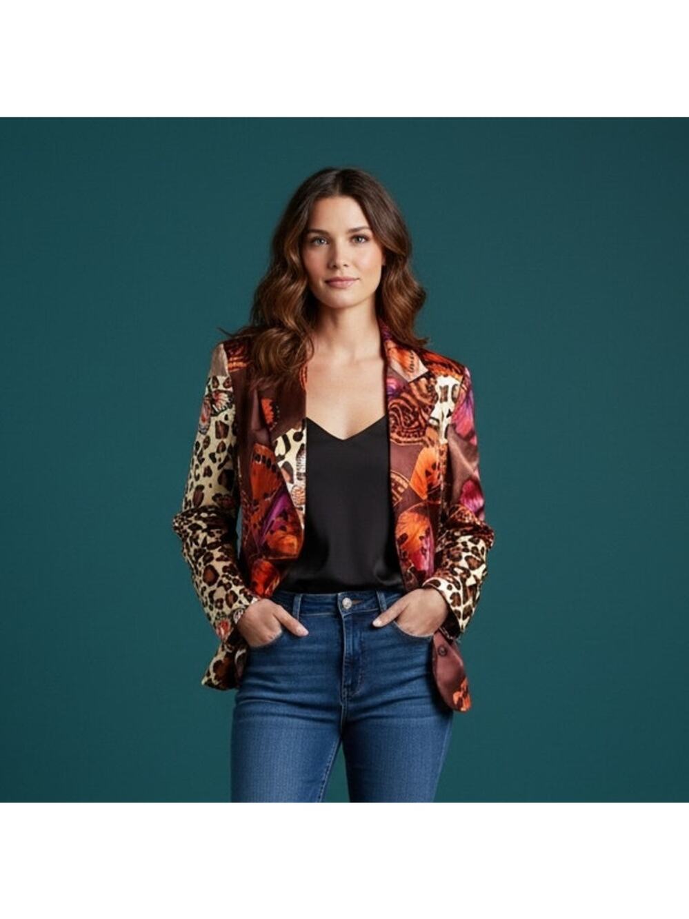 Russell Kemp 100% Silk Butterfly Leopard Print Blazer Jacket Size 10 Buttons